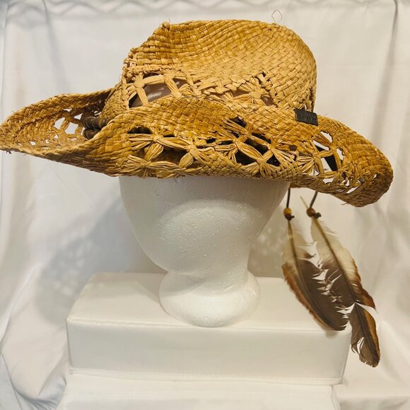 Peter Grimm Straw Cowboy Hat-Brown Beaded/Feathers-Country-Bohemian-Women's - Picture 1 of 16